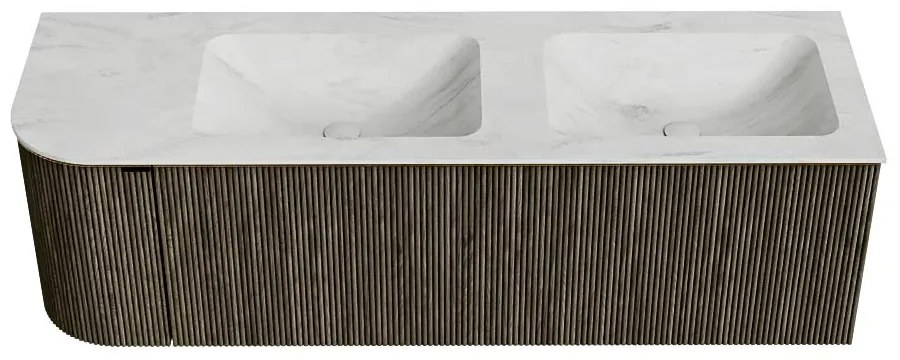 Mondiaz Kurve-dlux 145cm badmeubel ronding links shadow met 1 lade en deur en wastafel leaf dubbel/rechts zonder kraangat opalo