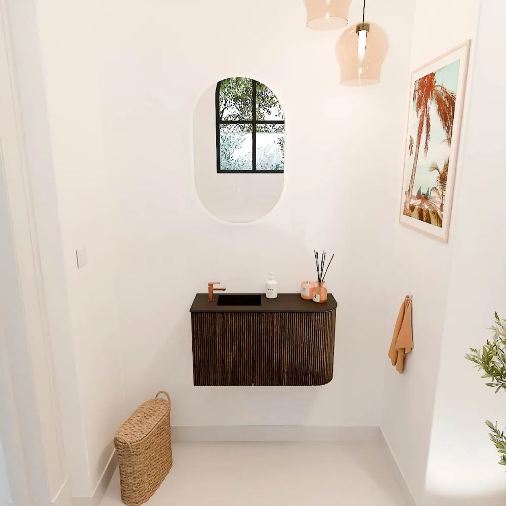 Mondiaz Joya 70cm toiletmeubel ronding rechts walnut met wastafel faye links 1 kraangat urban