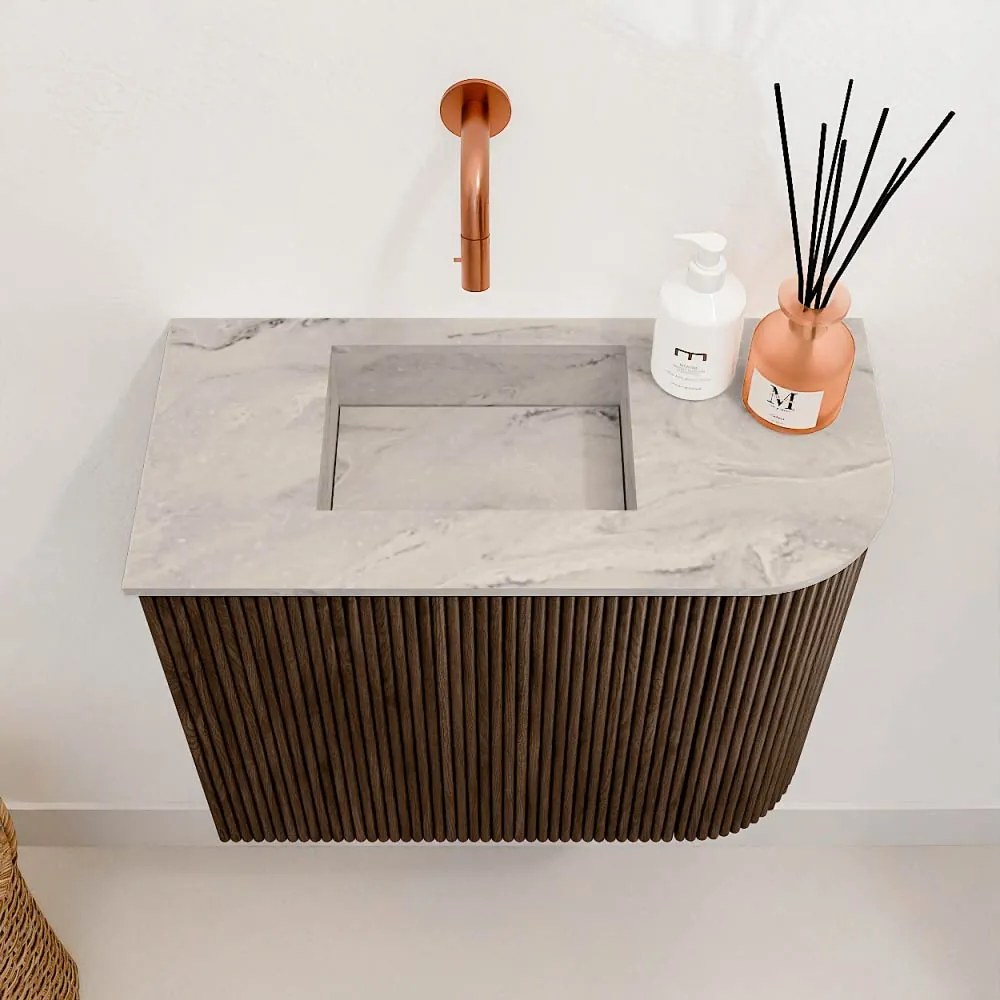 Mondiaz Joya DLux 50cm toiletmeubel ronding rechts walnut met wastafel faye links zonder kraangat glace