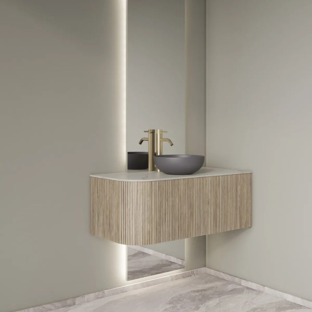 Gliss Design Alluro badmeubel ribbelfront met ronding links 100cm corn silk en wit marmer toppaneel