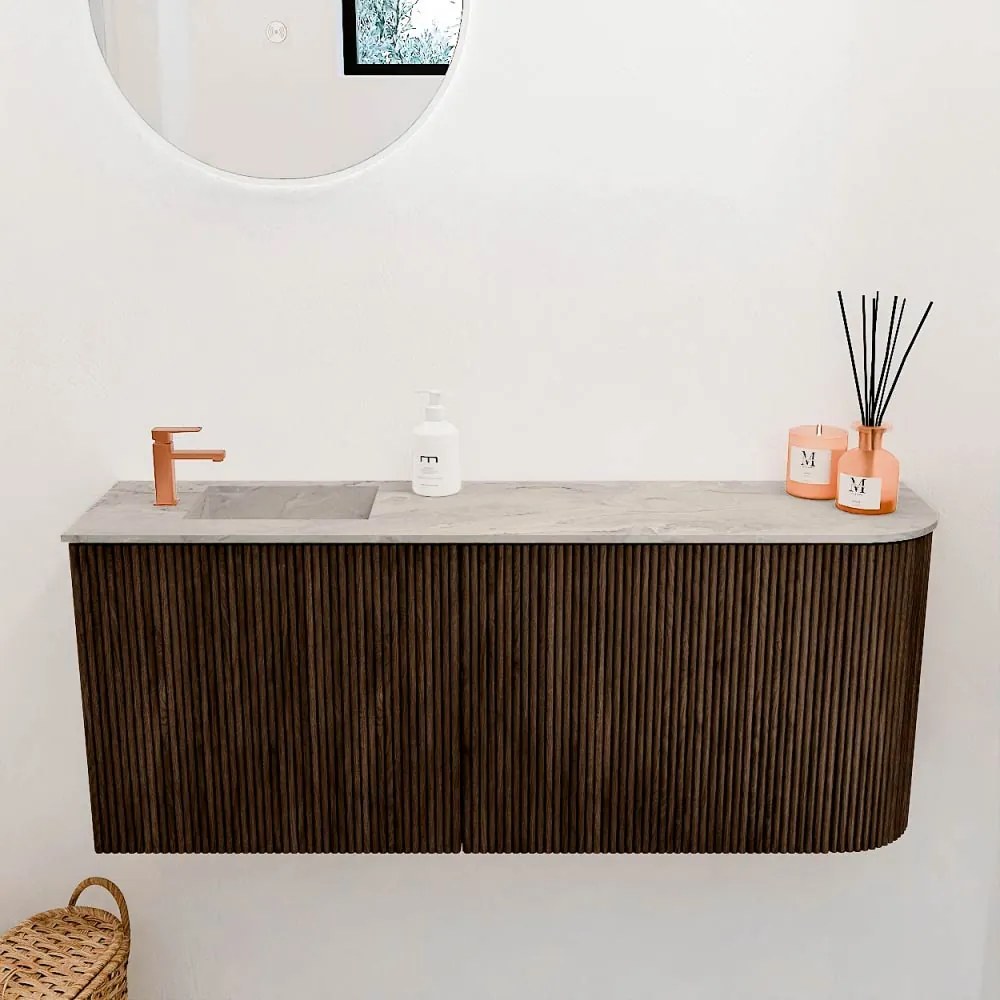 Mondiaz Joya DLux 100cm toiletmeubel ronding rechts walnut met wastafel faye links 1 kraangat glace