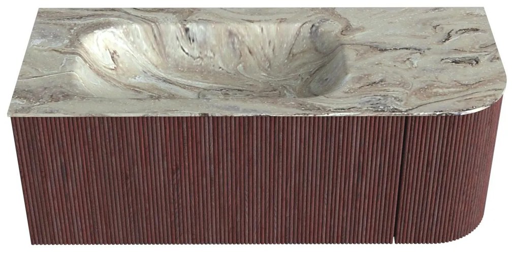 Mondiaz Kurve-dlux 115cm badmeubel ronding rechts ruby met 1 lade en deur en wastafel big small links zonder kraangat glace