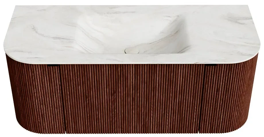 Mondiaz Kurve-dlux 110cm badmeubel ronding links/rechts ruby met 1 lade en 2 deuren en wastafel cloud midden zonder kraangat ostra