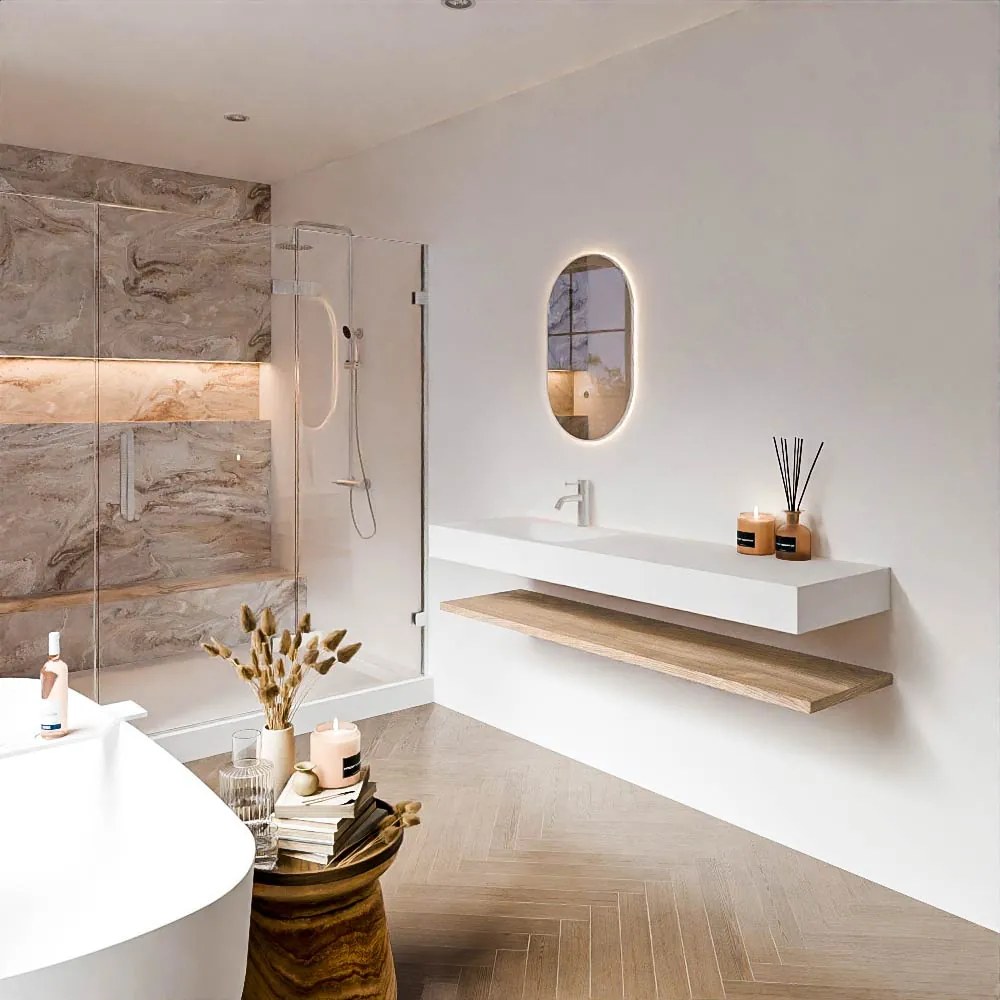 Zaro Alan badmeubel 160cm met planchet washed oak en vrijhangende wastafel cloud links 1 kraangat talc