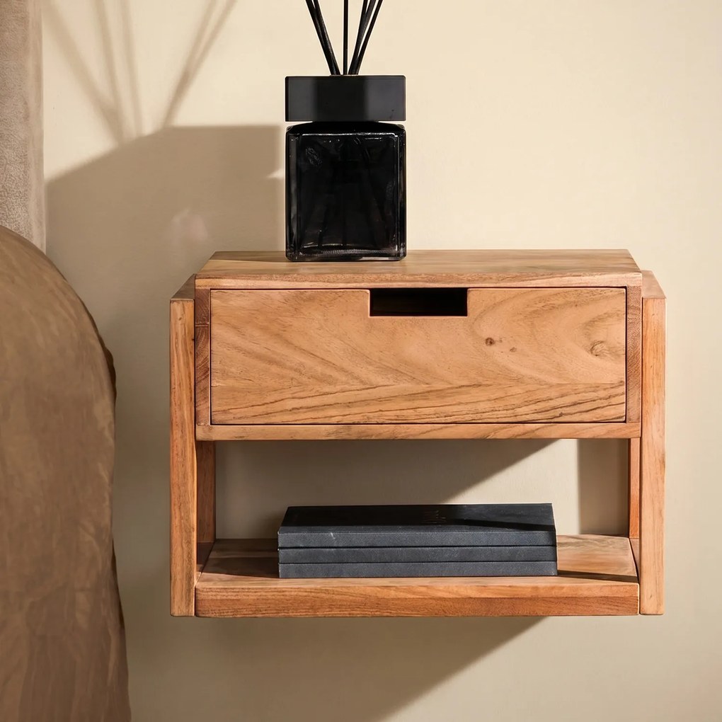 Hangend Nachtkastje Met Lade Acacia Hout - 39x25x27cm.
