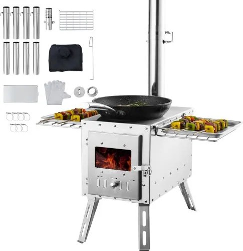 VEVOR Houtkachel, 590 x 790 x 2620 m, RVS Kampeertententkachel, Houtkachel met schoorsteenpijpen en handschoenen, 1646 kubieke inch Grote vuurdoos Tentkachel voor buiten koken en verwarmen met 8 pijpen
