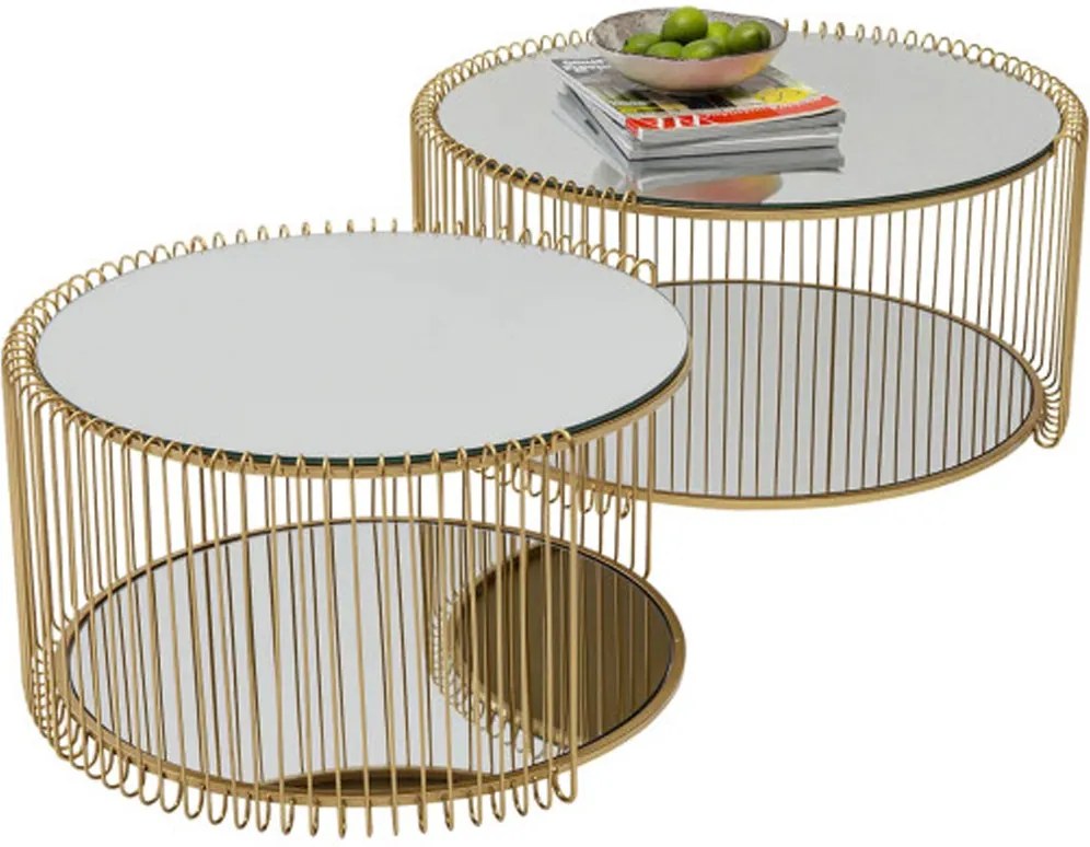 Kare Design Wire Double Ronde Salontafel Set Goud Met Glasplaat - 69.5 X 69.5cm.