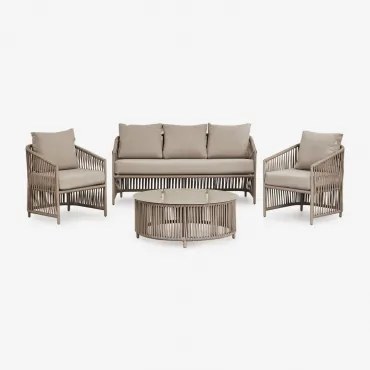 Tuinset Met Een 2-zitsbank, 2 Fauteuils En Salontafels Van Aluminium En Sophie Gevlochten Touw. Bruin - Mokka - Sklum
