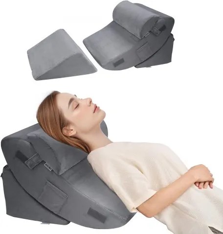 VEVOR orthopedisch wigkussen voor in bed, 4-delig, ondersteuning voor benen, nek en schouders, tegen rugpijn, brandend maagzuur, verlichting van snurken, rechtop zitten in bed, donkergrijs