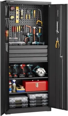 VEVOR metalen opbergkast, garagekast met 2 deuren, 2 lades, 2 verstelbare planken en gereedschapsbord, 1,8 m hoge kast, 81,5 kg draagvermogen, multifunctionele kast voor garage, kantoor, werkplaats, zwart