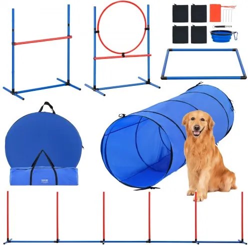VEVOR Agility Trainingsuitrusting voor Honden, Set van 5 met Verstelbare Hoge Horden, 6 Slalompalen, Tunnel, Springring, Verfrissende Doos, Fluitje, Opvouwbare Kom, Puppy Hindernisbaanset met Opbergzakken