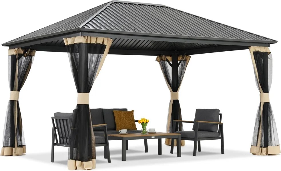 Metalen tuinhuis Sardinië 3x6 met klamboe Garden Point beige