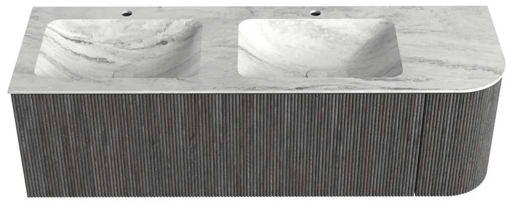 Mondiaz Kurve-dlux 145cm badmeubel ronding rechts shadow met 1 lade en deur en wastafel leaf dubbel/links 2 kraangaten opalo