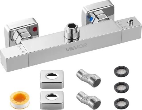 VEVOR douchekraan met thermostaat, 38°C veiligheidsslot, douchekraanventiel, badkraan (2 gaten), temperatuurregelventielen voor badkamer, camper, hotel, chroomzilver