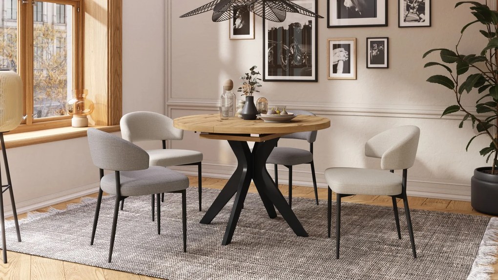 RENZO Artisan Eiken/zwarte poot - RONDE TAFEL Ø110 UITKLAPBAAR TOT 180 cm | VOOR DE KEUKEN EETKAMER WOONKAMER RETRO