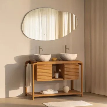 Bradley Teakhouten Badkamermeubelset 2 X Onregelmatige In Wit Cement ↔︎40 Cm Fedro & Onregelmatige Led En Anti-condens 140x75 Cm - Sklum