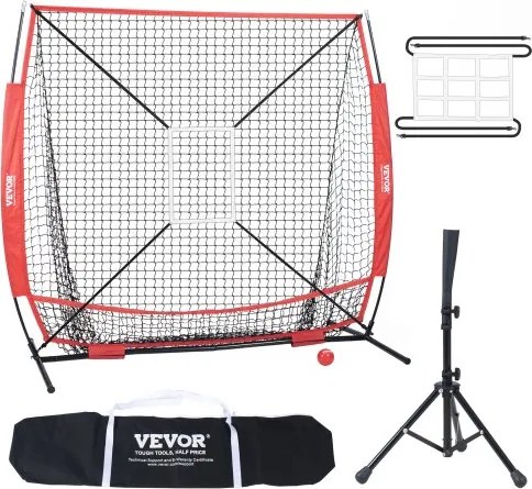 VEVOR Pitching Net Pitching Target Baseball 153,4 x 90 x 153 cm, Baseball &amp; Softball Pitching Target Gemaakt van Polyester Pitcher Net voor Jeugd &amp; Volwassenen, Draagbare 600D Opbergtas Rood
