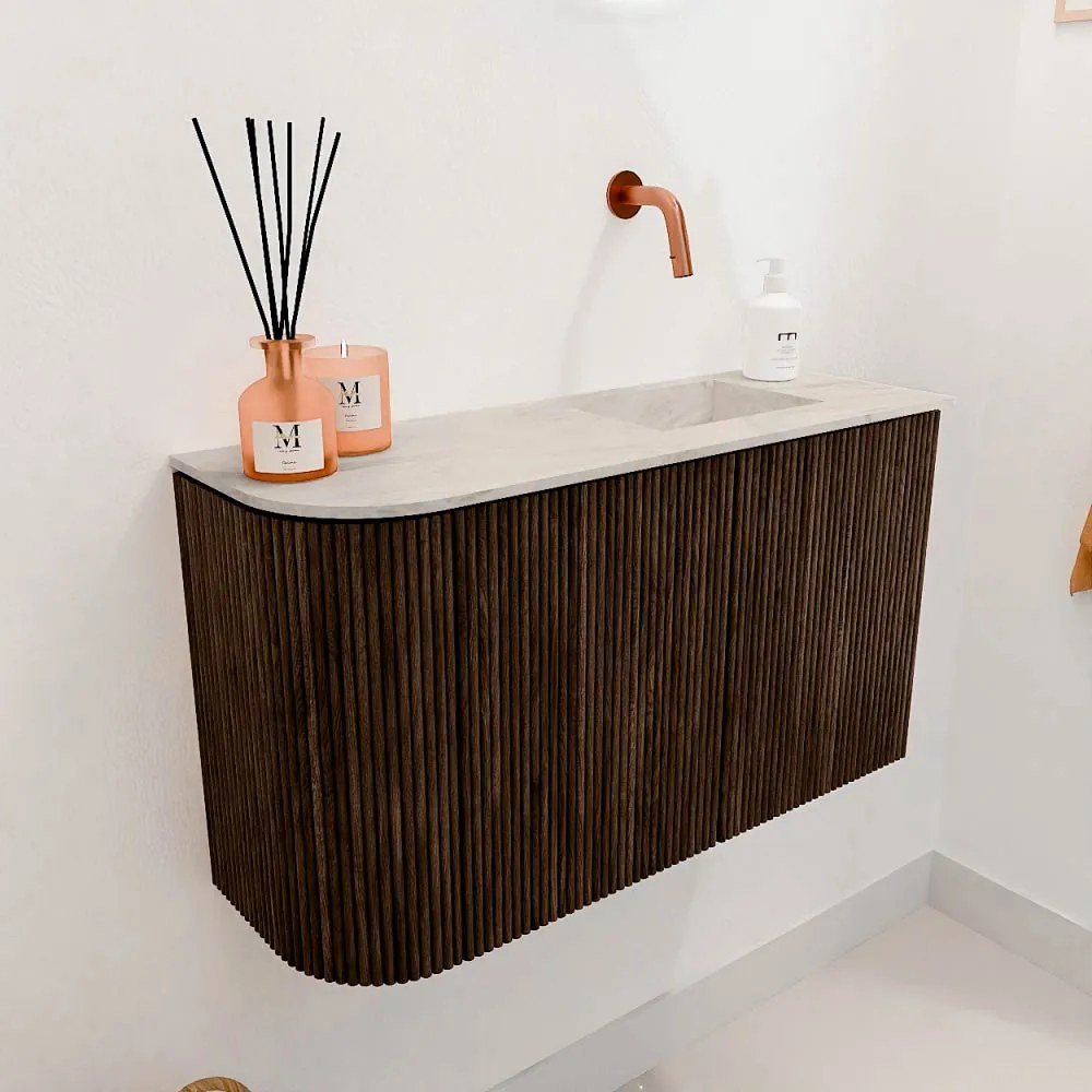 Mondiaz Joya DLux 70cm toiletmeubel ronding links walnut met wastafel faye rechts zonder kraangat ostra