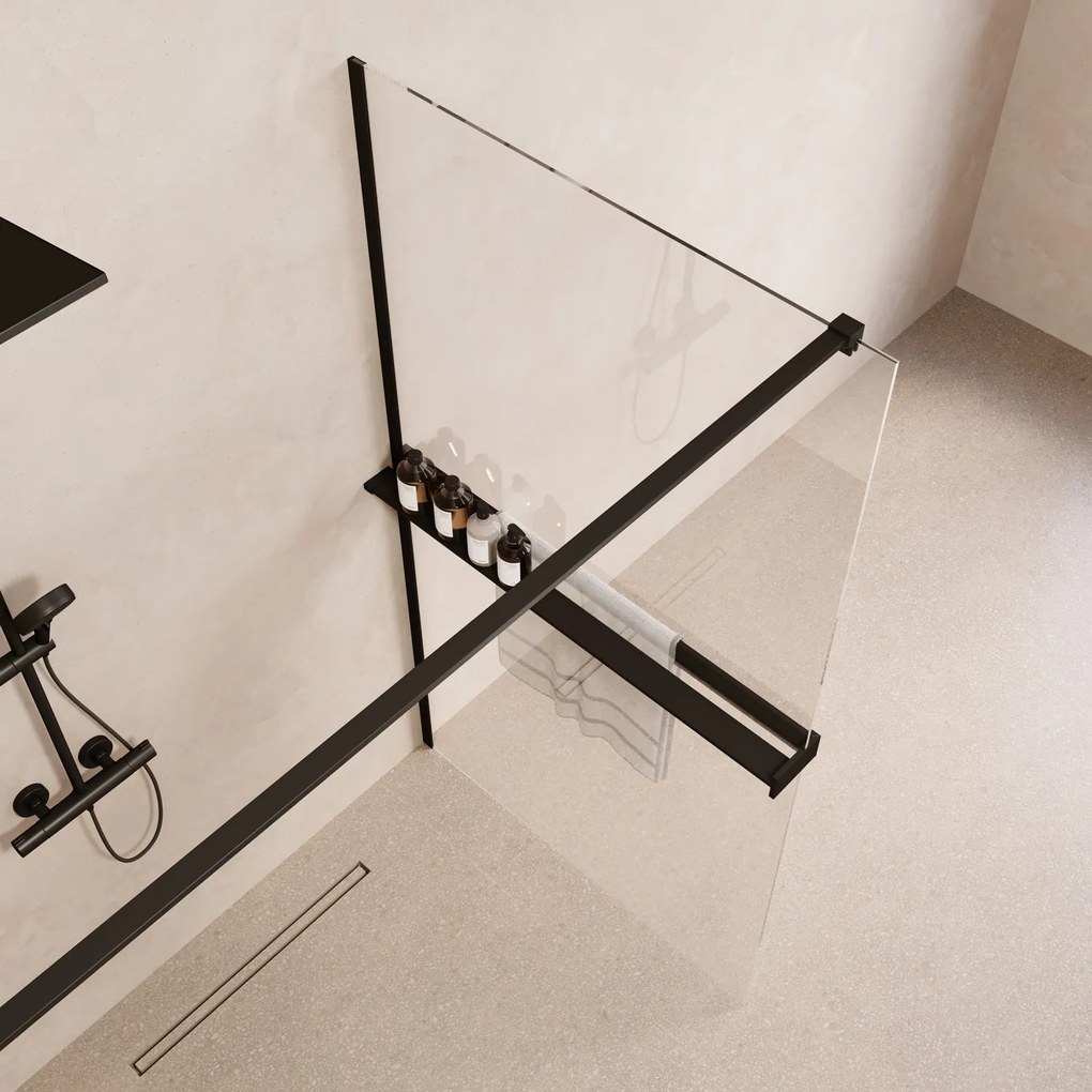 Saniclear Metric inloopdouche 100cm met handdoekhouder en helder glas zwart mat