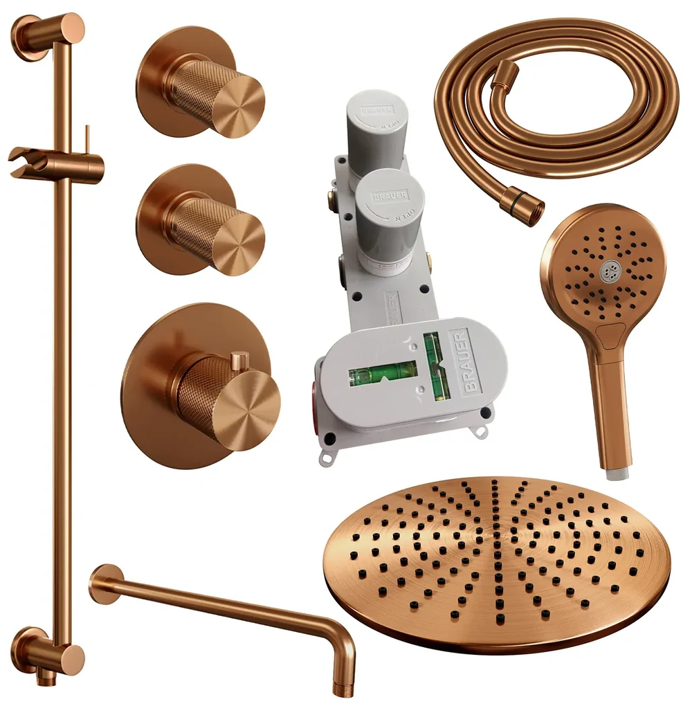 Brauer Copper Carving complete inbouw regendouche set 22 met 30cm douchekop, gebogen muurarm, 3 standen handdouche en glijstang geborsteld koper PVD