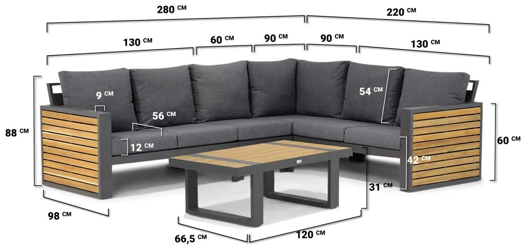 Hoek loungeset 6 personen Aluminium/teak Grijs  Lifestyle Garden Furniture Verona/Marietta