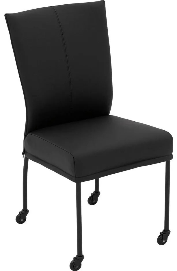 Goossens Eetkamerstoel Funk Zwarte Poten zwart leer leuning en Zwart skater wiel met zwarte kapmet wielen, modern design