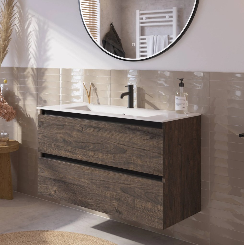 Saqu Gaia badmeubel incl. keramische wastafel 100x46x61cm kasteel bruin – zwarte greeplijst