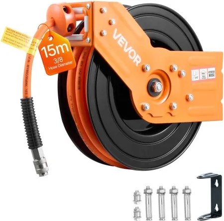 VEVOR persluchtslanghaspel, 15 m x 3/8 inch hybride persluchtslang, slanghaspel 20 bar, automatische slangoproller met 1 m aanvoerslang, 180° draaibare plafond-/wandbeugel