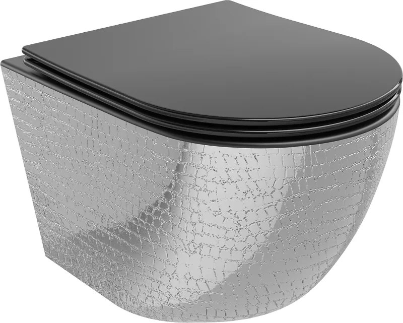 Mexen Lena wc-kom Rimless met softclose slim zitting, duroplast, zwart mat/zilver schubbenpatroon - 30224072