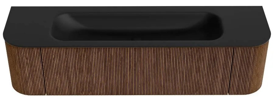 Mondiaz Kurve 170cm badmeubel ronding links/rechts walnut met 1 lade en 2 deuren en wastafel big large midden 2 kraangaten urban