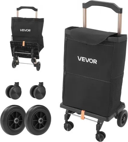 VEVOR boodschappentrolley, opvouwbare winkelwagen met een draagvermogen van 75 kg, zwart, inhoud van 40 liter, met koelvak, telescopische handgreep + 4 wielen, afneembare tas, 2-in-1 boodschappentrolley voor boodschappen doen, kamperen en huishoudelijk ge