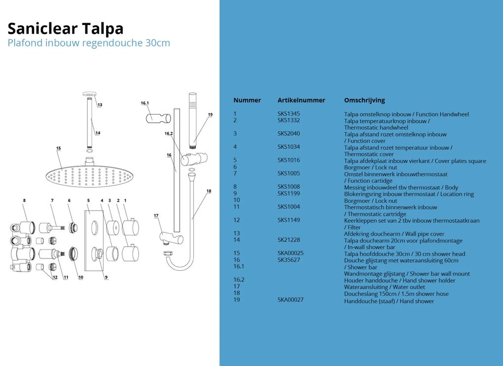 Saniclear Talpa inbouw regendouche met 30cm hoofddouche, plafondarm en glijstang chroom