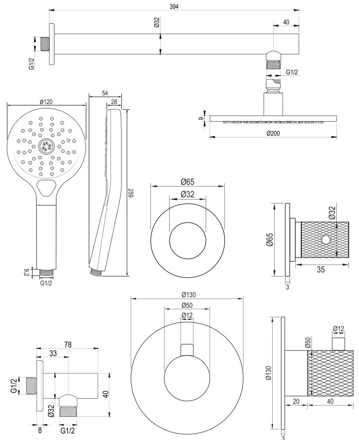 Brauer Gunmetal Carving complete inbouw regendouche set 07 met 20cm douchekop, rechte muurarm en 3 standen handdouche gunmetal geborsteld PVD