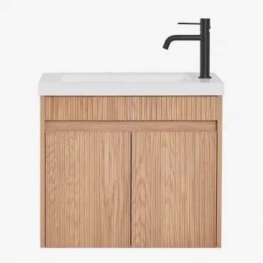 Narek Zwevend Houten Badkamermeubelset Met Geïntegreerde Wastafel Ash Brown & Spiegelloze & Zwart ↑20 Cm Met Aftapkraan Zonder - Sklum