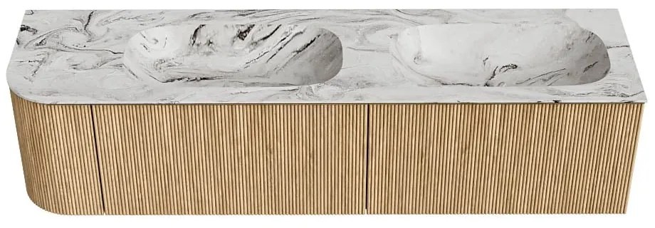 Mondiaz Kurve-dlux 175cm badmeubel ronding links oak met 2 lades en 1 deur en wastafel stor small dubbel/rechts 2 kraangaten glace
