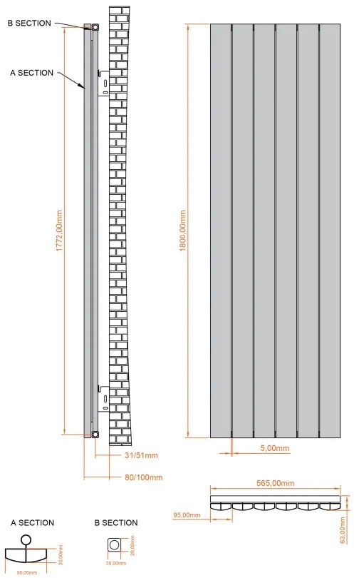 Eastbrook Tordino radiator 55x180cm aluminium 1713W antraciet