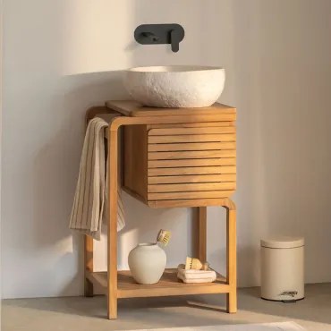 Bradley Teakhouten Badkamermeubelset Onregelmatige In Wit Cement ↔︎40 Cm Fedro & Spiegelloze & Matzwart Inbouwmodel - Sklum