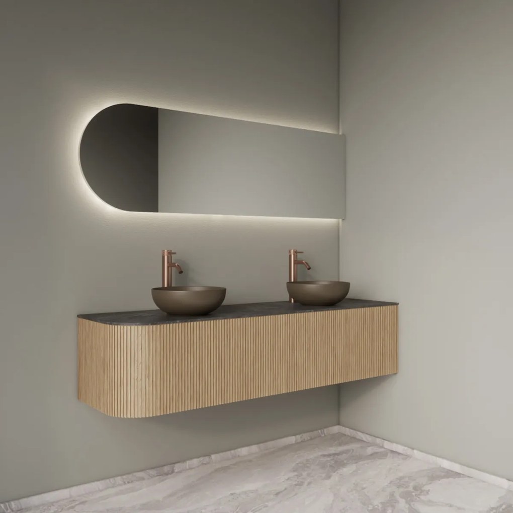 Gliss Design Alluro badmeubel ribbelfront met ronding links 160cm mist en zwart leisteen toppaneel