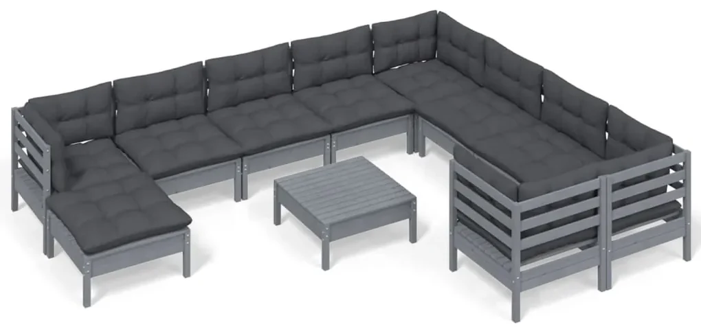 vidaXL 11-delige Loungeset met kussens grenenhout grijs
