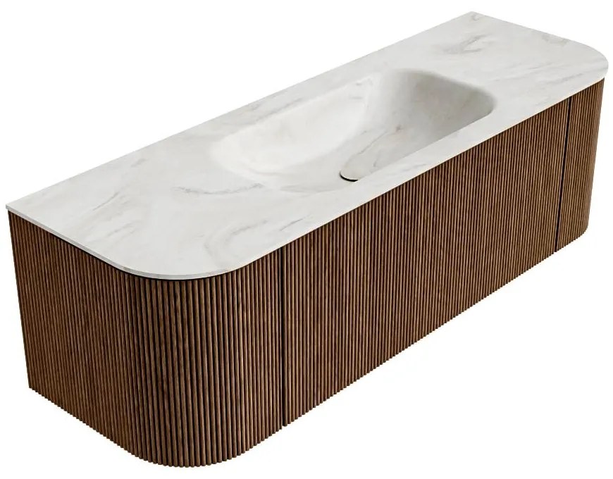 Mondiaz Kurve-dlux 140cm badmeubel ronding links/rechts walnut met 1 lade en 2 deuren en wastafel big small midden zonder kraangat ostra