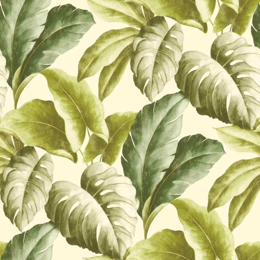 Behang tropische bladeren groen en wit