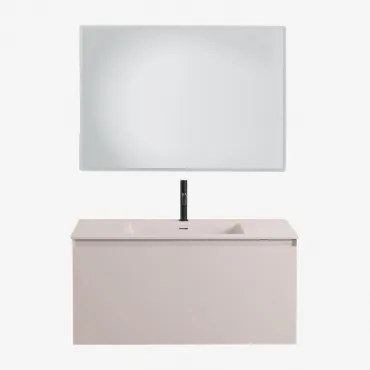 Macrae Zwevend Houten Badkamermeubelset Met Geïntegreerde Wastafel Beige – Linnen & Rechthoekige Led En Anticondens 100x70 Cm Riben & Mat Zwart ↑20 Cm