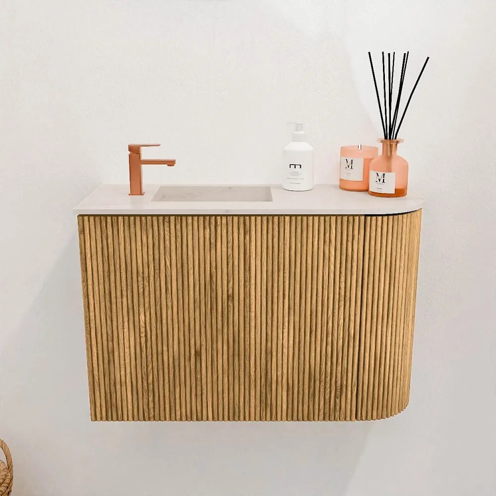 Mondiaz Joya DLux 60cm toiletmeubel ronding rechts oak met wastafel faye links 1 kraangat meli