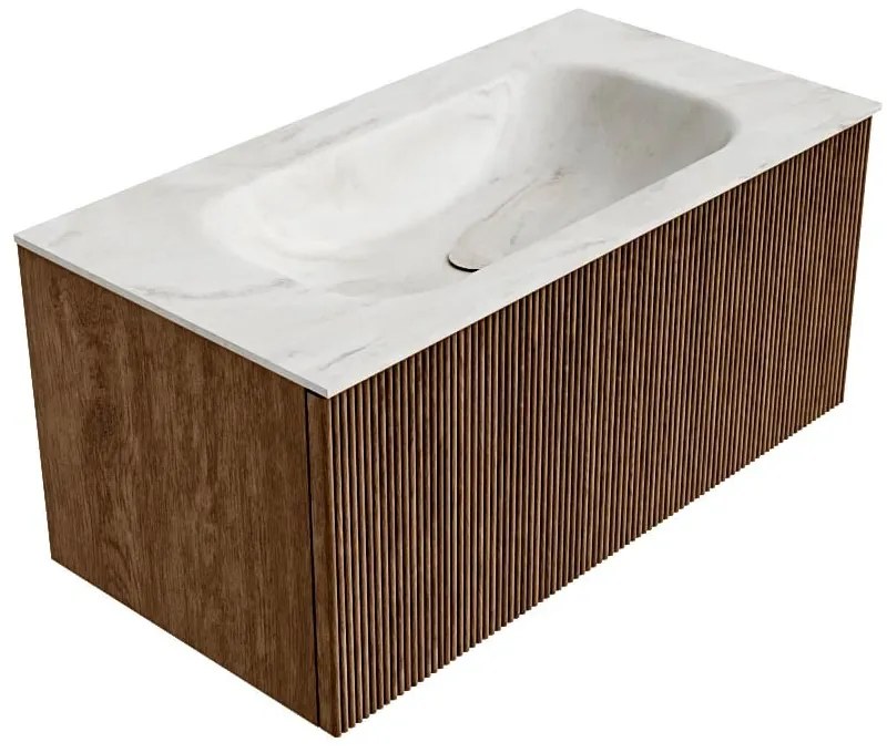 Mondiaz Kurve-dlux 90cm badmeubel walnut met 1 lade en wastafel big small midden 1 kraangat ostra