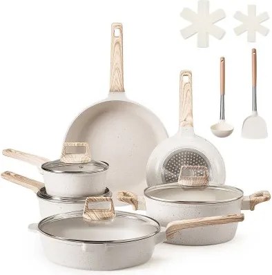 VEVOR Inductiepannenset (17-delig) met glazen deksels, antiaanbak kookgerei, inductiekookpannen voor de keuken in de camper om te bakken, sauzen op smaak te brengen en te koken (wit)