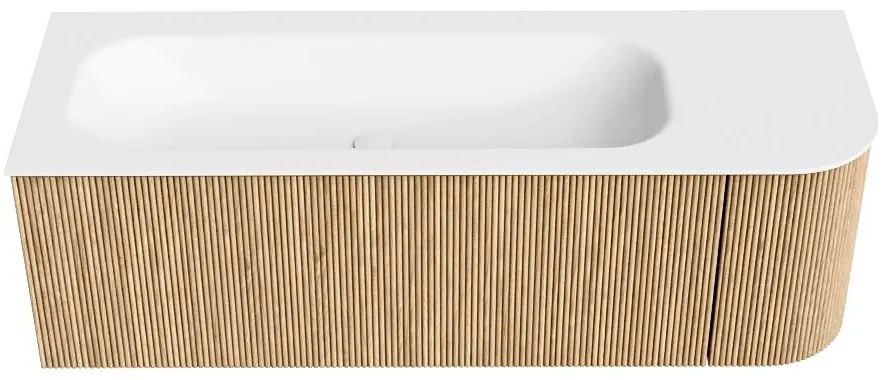 Mondiaz Kurve 135cm badmeubel ronding rechts oak met 1 lade en deur en wastafel big medium links zonder kraangat