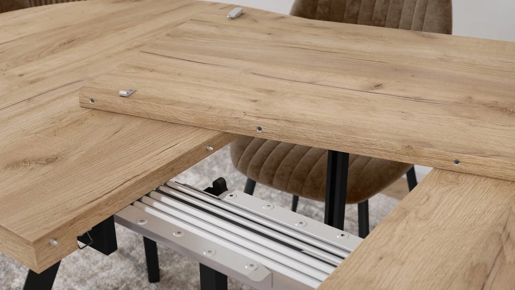 Mazzoni EXPANSO Craft Eiken Goud / zwarte poten - OVALE UITSCHUIFTAFEL 160-360 cm VOOR 16-18 PERSONEN