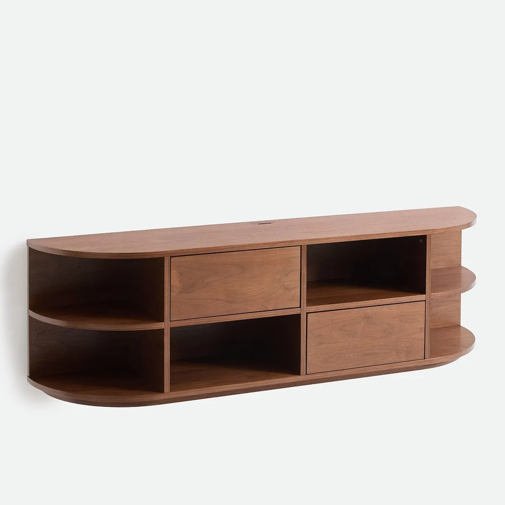 Hangend hifi-TV-meubel in notenhoutfineer, 2 deuren, 6 nissen, L160 cm, MADDY