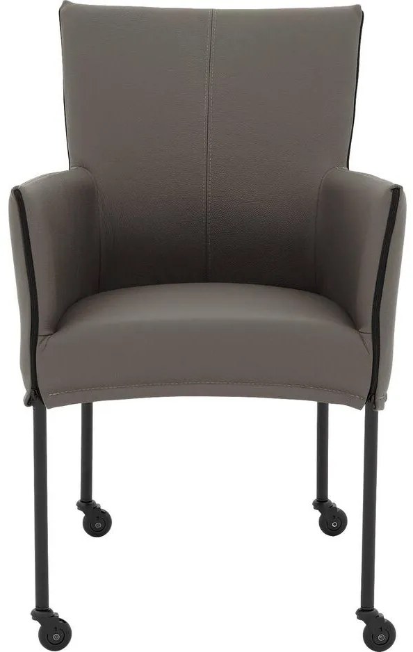 Goossens Eetkamerstoel Funk Zwarte Poten grijs leer met armleuning en Zwart skater wiel met zwarte kapmet wielen, modern design