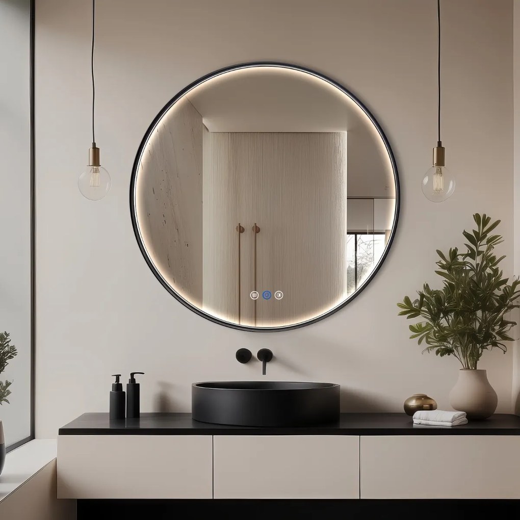 Saniclear Circle Black ronde spiegel met verwarming, direct en indirect licht mat zwart 80cm